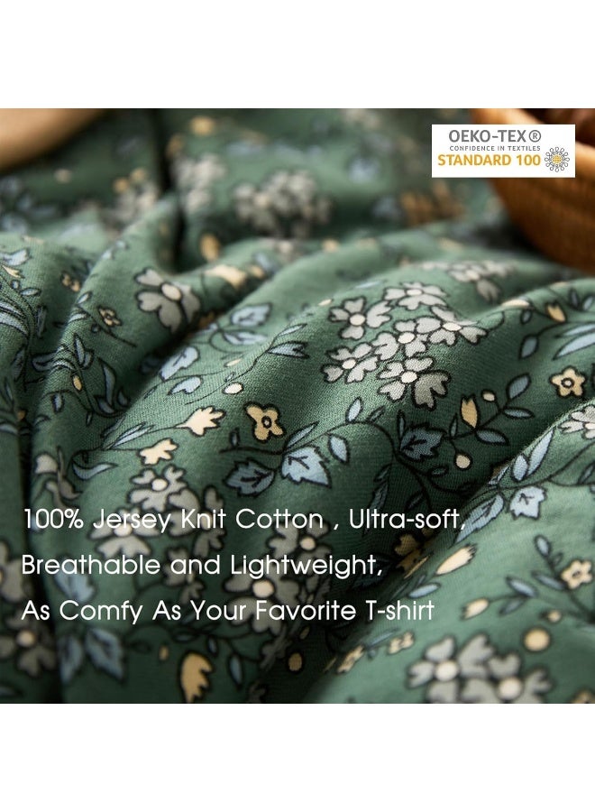 EAVD Vintage Green Floral Duvet Cover Full Size 100% Jersey Cotton Cottagecore Floral Bedding Set with 2 Pillowcases Chic Shabby Reversible Botanical Duvet Cover with Zipper Closure - Image 5